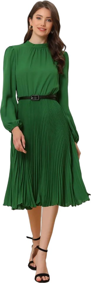 Stand collar belted pleated midi dress