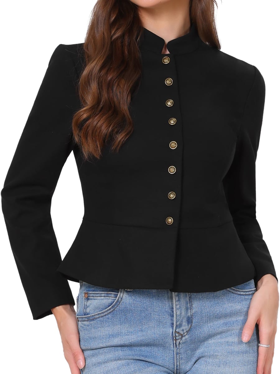 Close front view, black jacket with jeans
