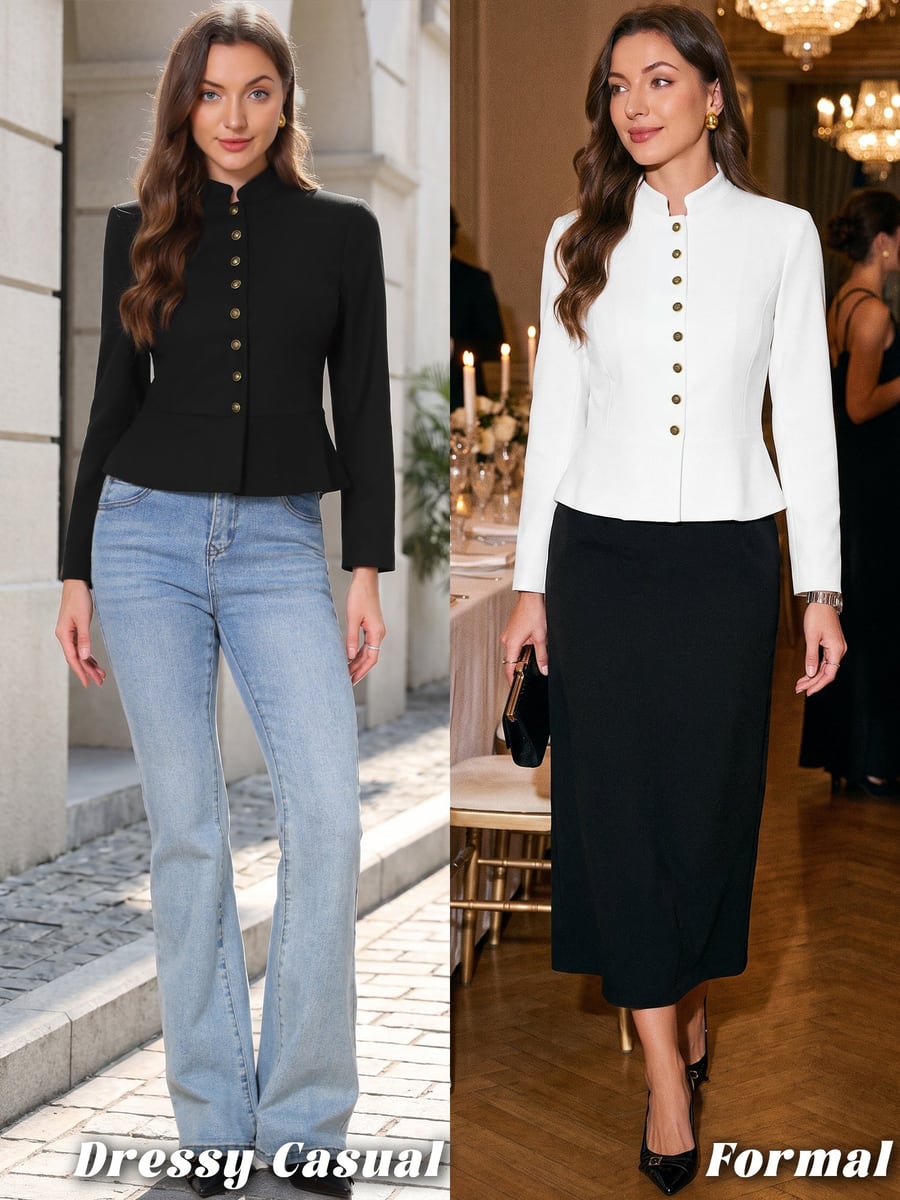 Two looks, black dressed down and cream white dressed up