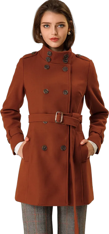 Stand collar double-breasted belted coat
