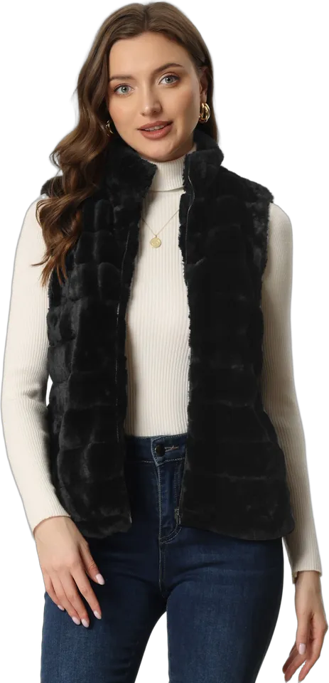 Stand collar faux fur vest