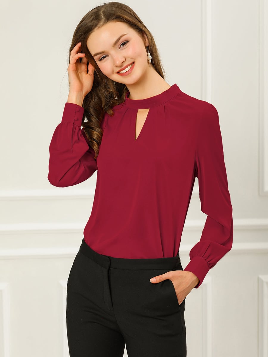 Front view in burgundy with black trousers