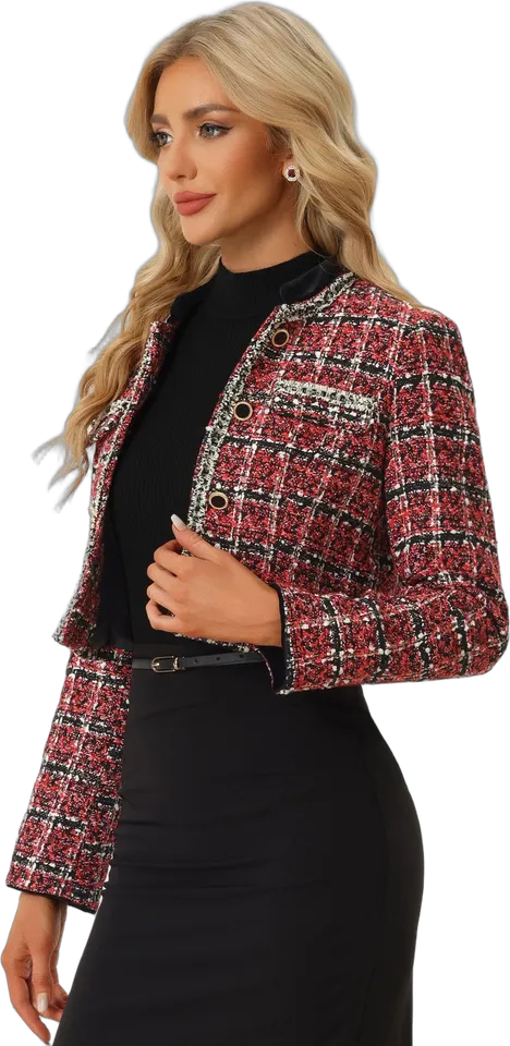 Stand collar plaid tweed crop jacket