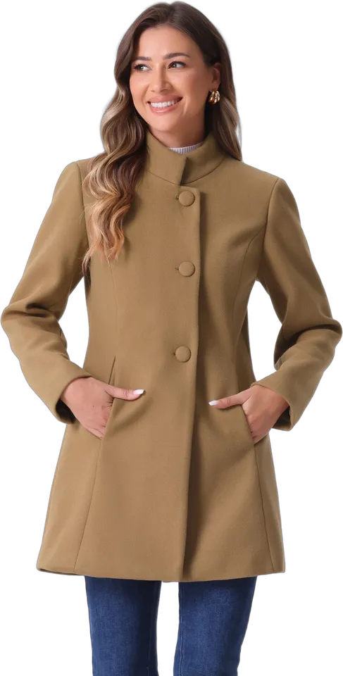 Stand collar single breasted mid-thigh coat