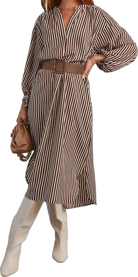 Striped belted notch neck shirt dress