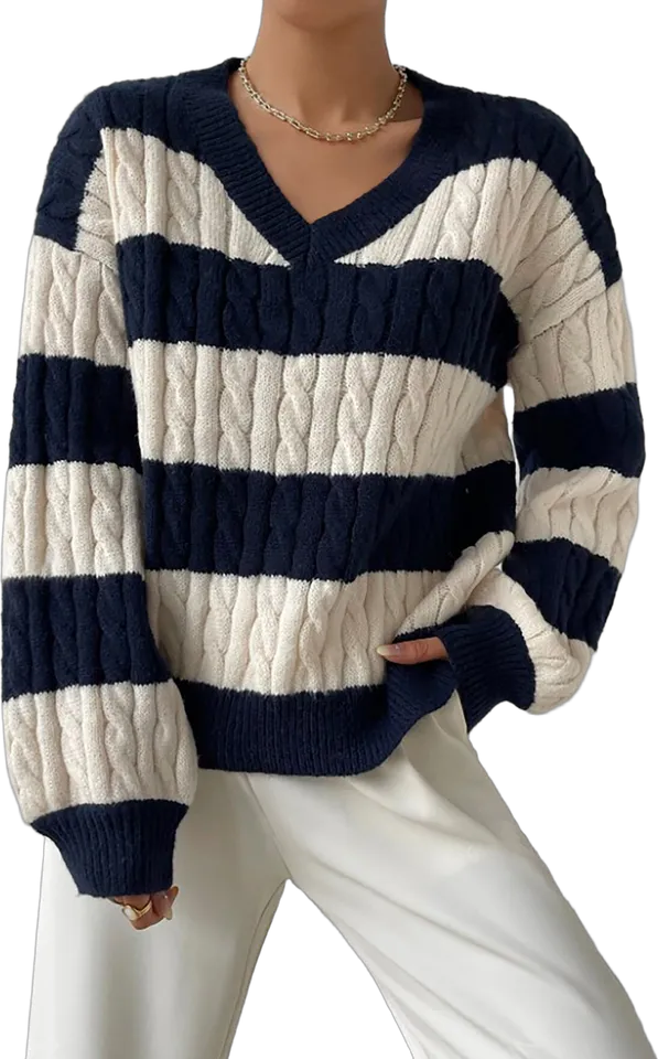 Striped cable knit V-neck sweater