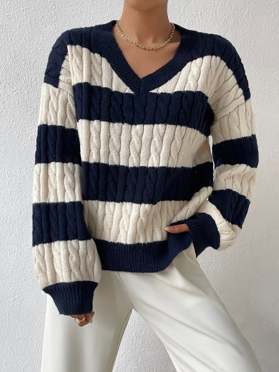 Front view, navy blue striped sweater