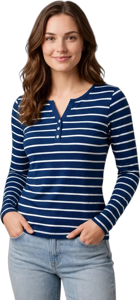 Camiseta de manga larga a rayas con cuello henley