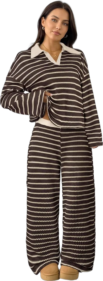 Striped knit collared top and trousers set