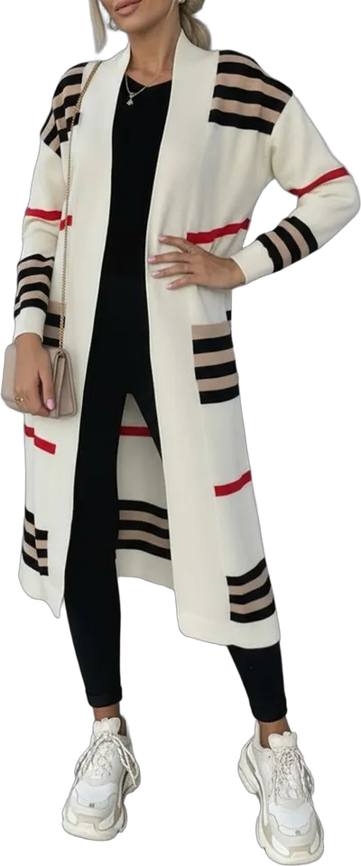 Striped long open-front cardigan