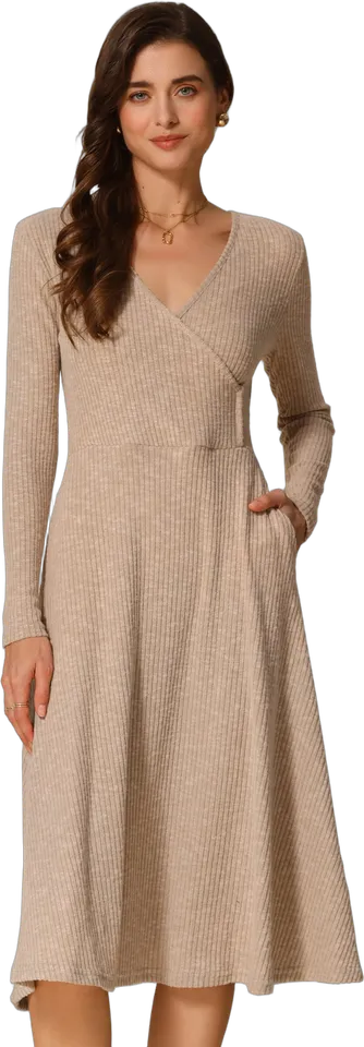 Surplice rib knit A-line midi dress