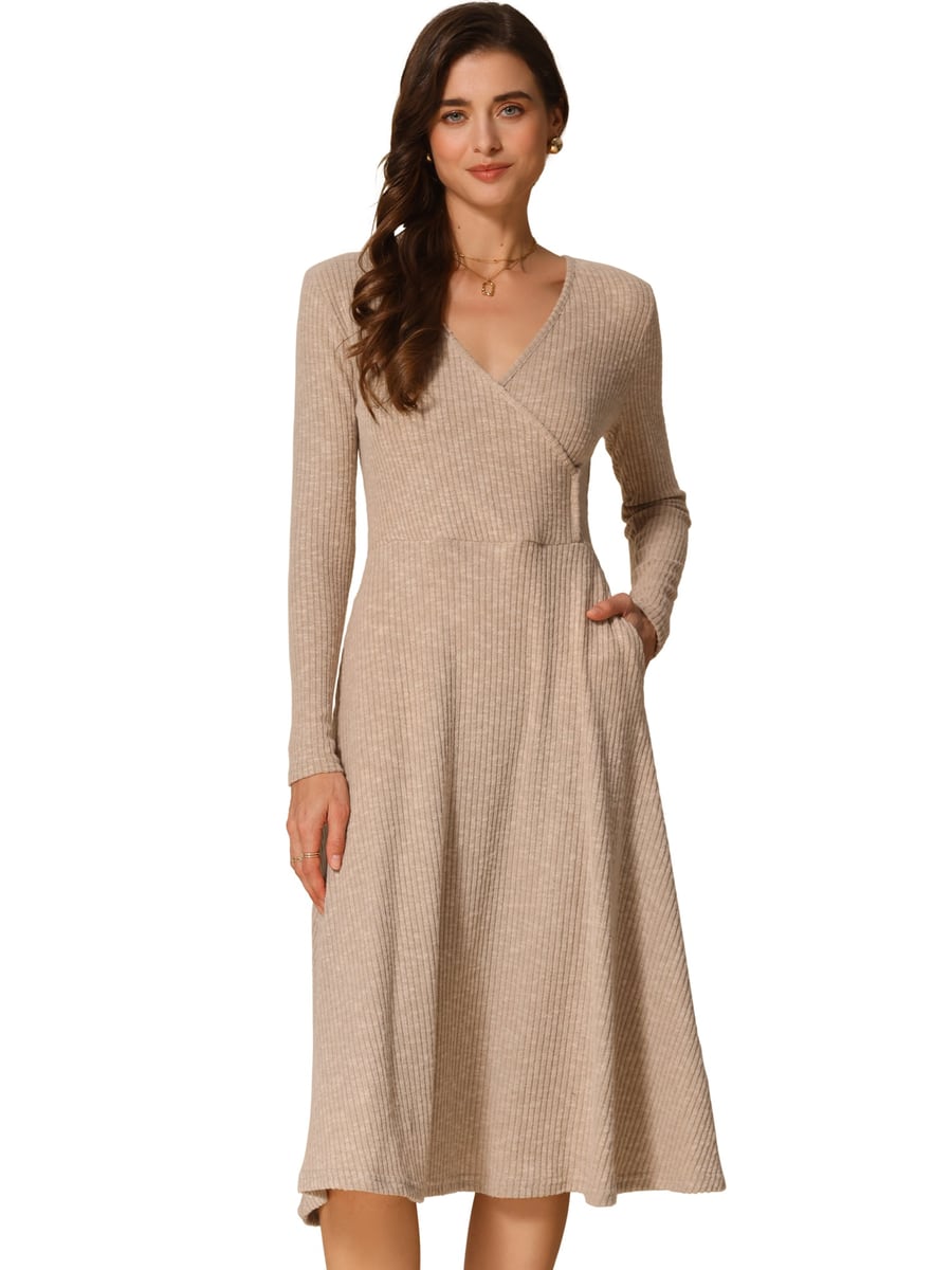 Front view, khaki dress with a hand in the pocket