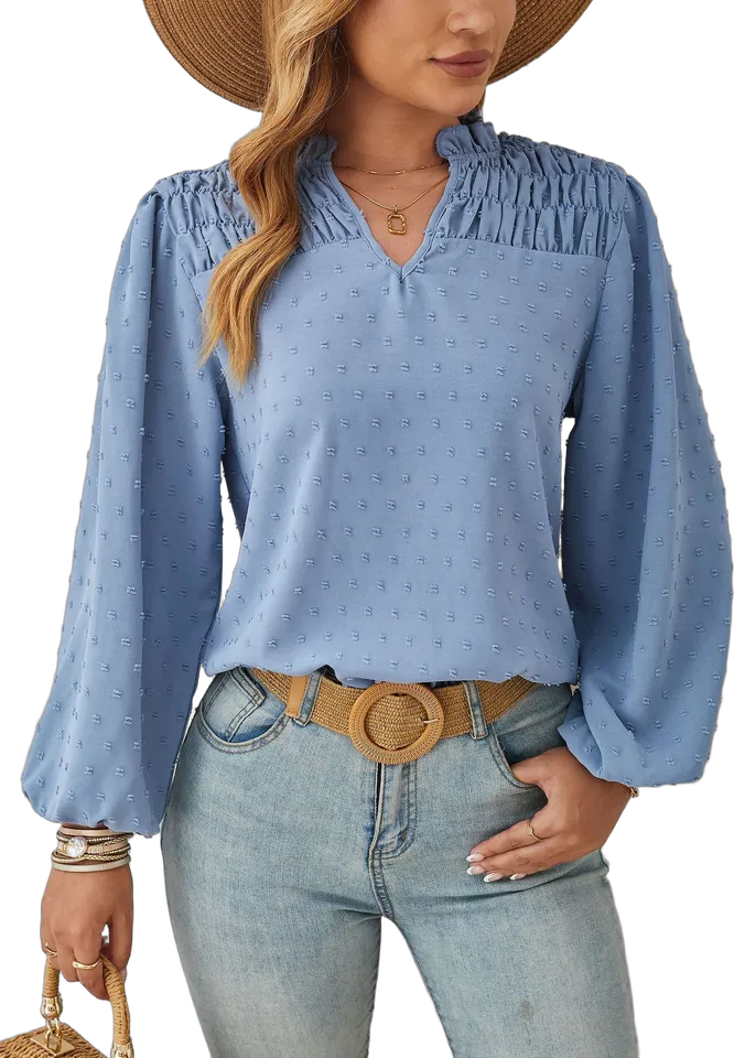 Swiss dot smocked yoke puff sleeve blouse