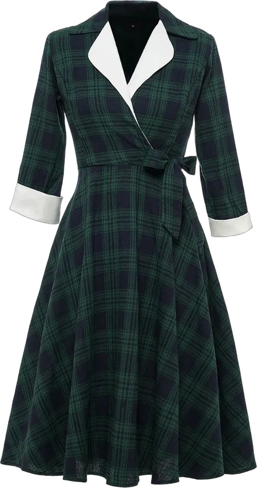 Tartan contrast collar A-line midi dress