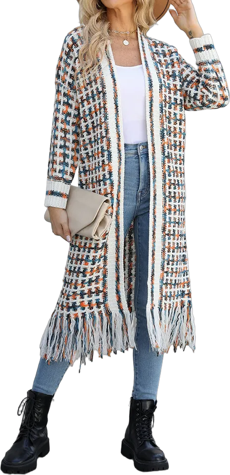 Tassel hem long open cardigan