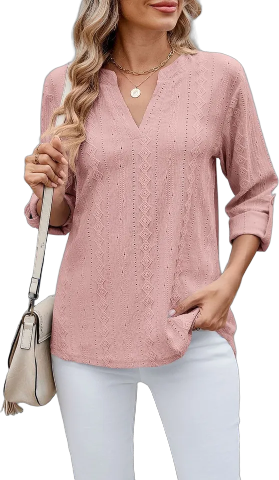 Textured eyelet notch neck rolled sleeve blouse