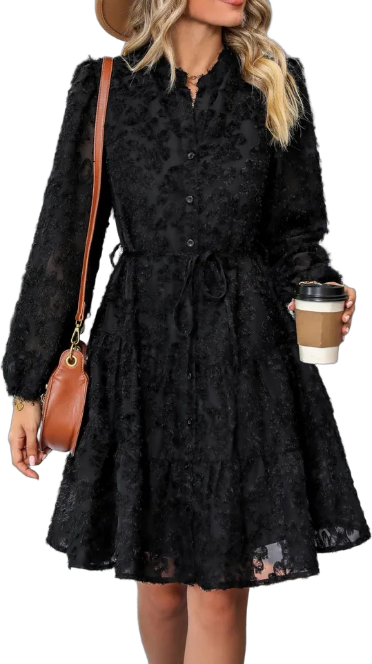 Textured jacquard tiered button shirt dress