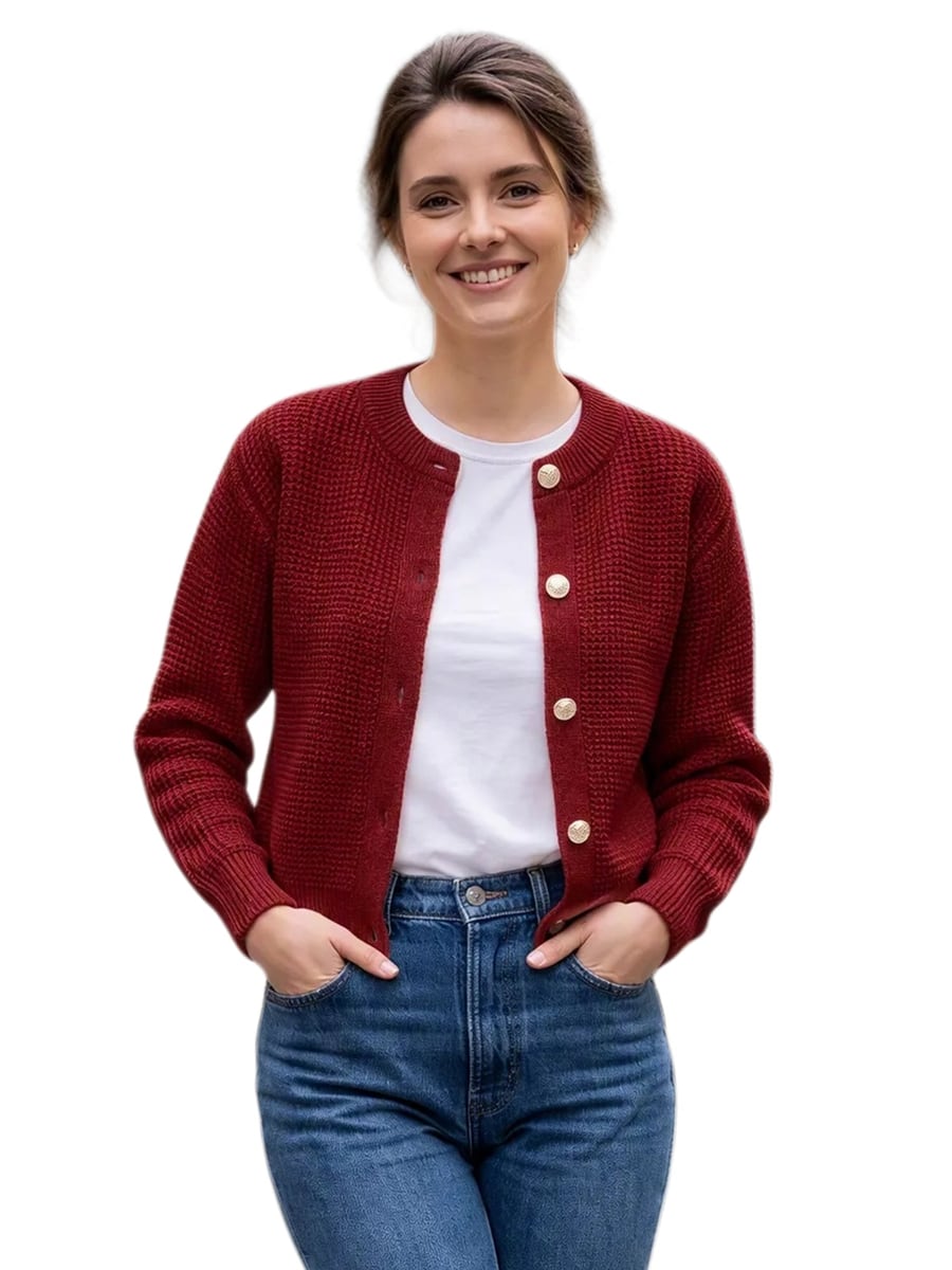 Front view, claret cardigan over a white tee