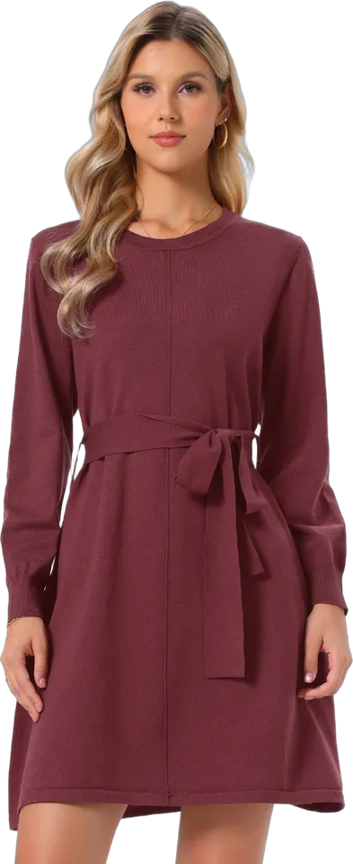 Tie belt crew neck knit sweater dress