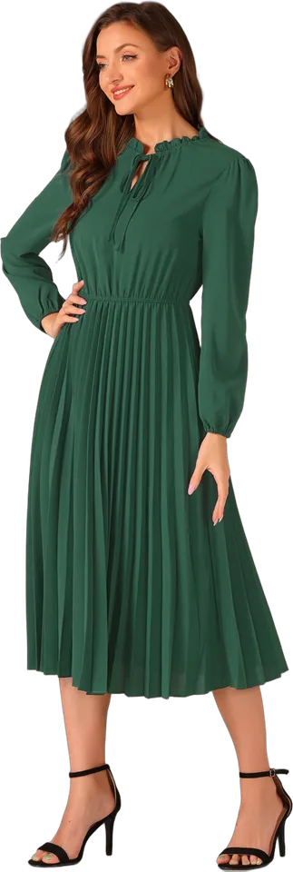 Tie-neck pleated midi dress
