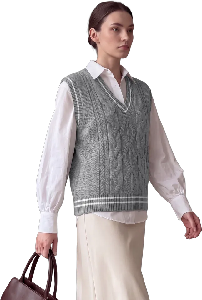 Tipped V-neck cable knit sweater vest