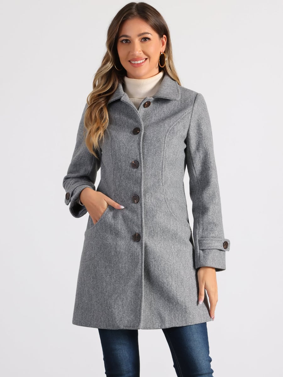 Front view, grey coat buttoned