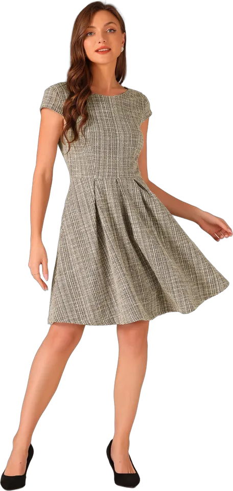 Tweed cap-sleeve pleated A-line dress