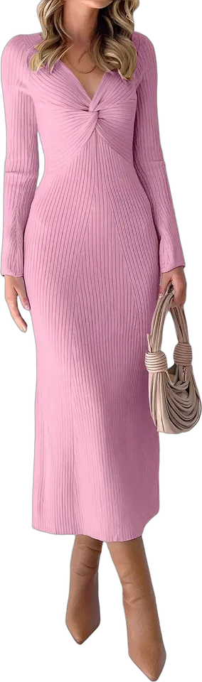 Twist V neck ribbed knit maxi sweater dress
