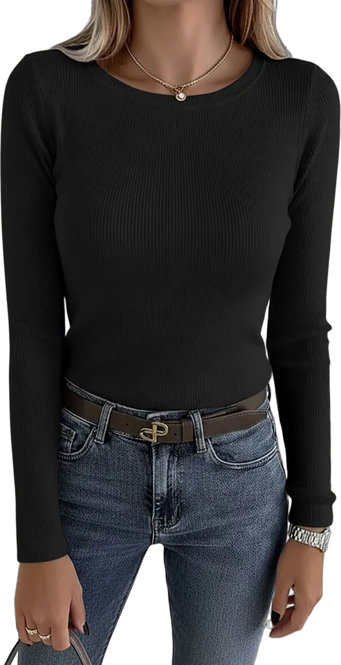 Ribbed crew neck long sleeve tops, pack of two