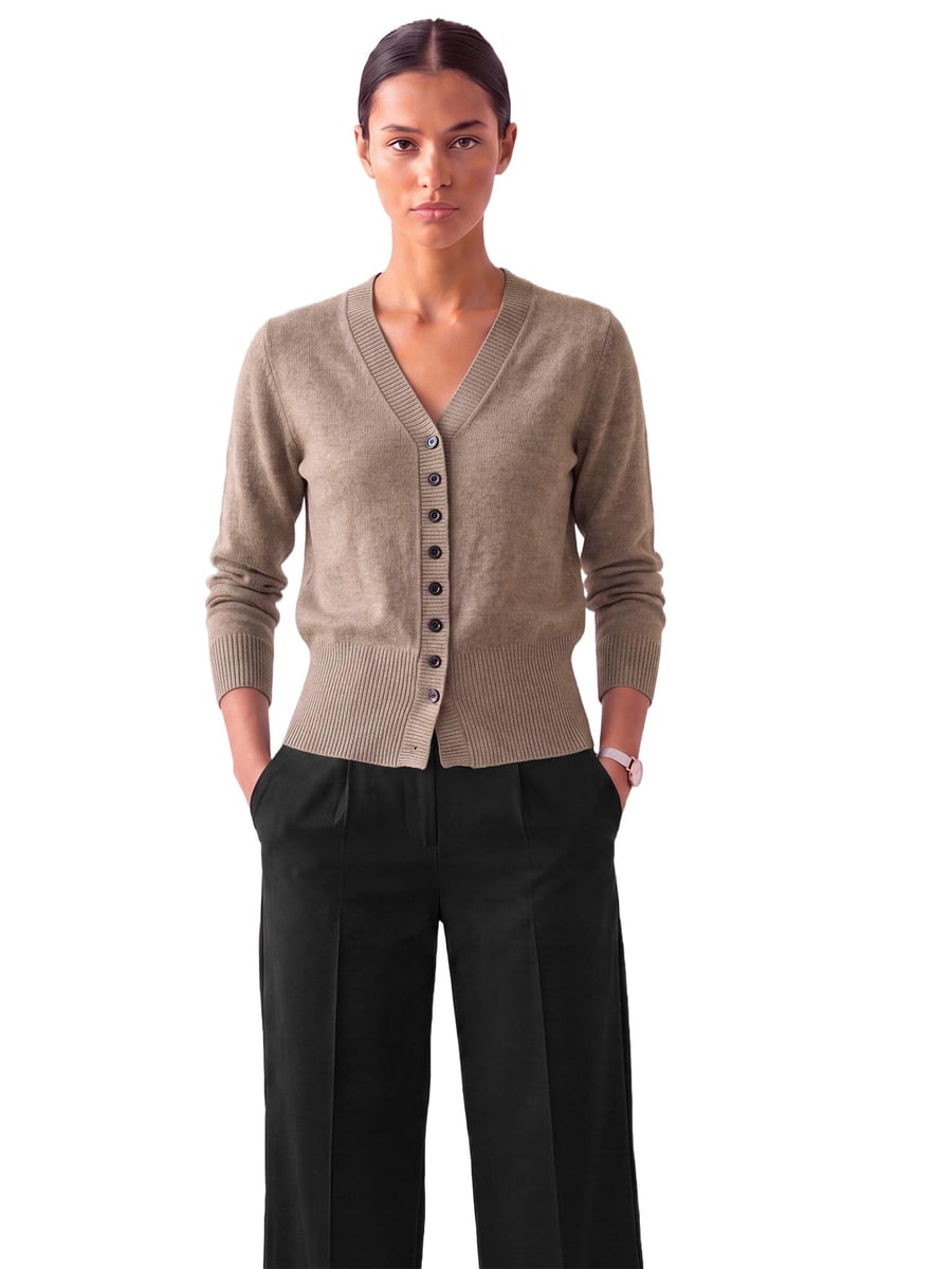 Front view, camel cardigan buttoned up