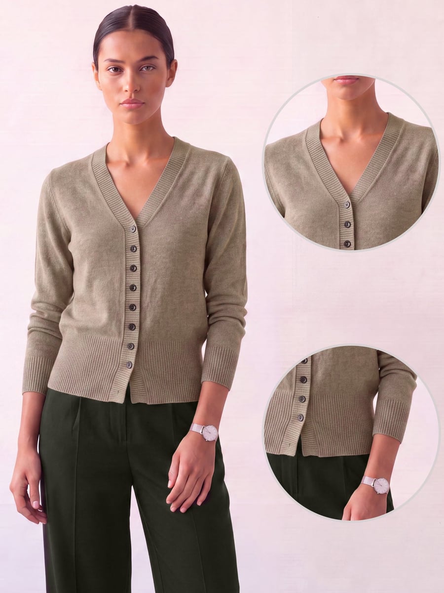 Front view with close-ups of the V-neck and buttons