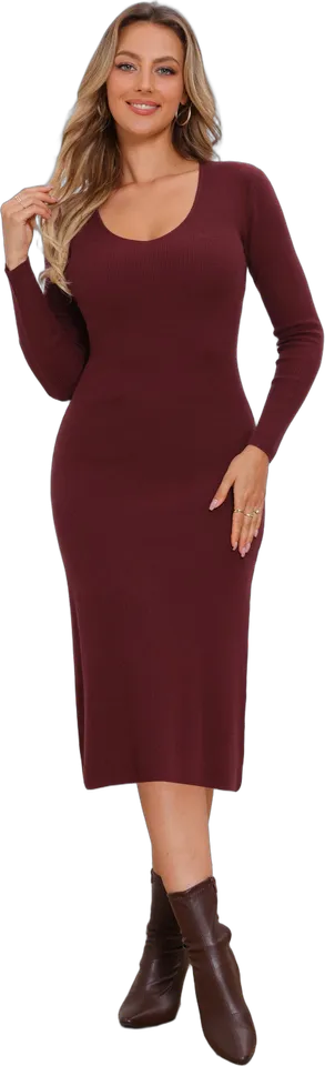 V-neck rib knit midi dress