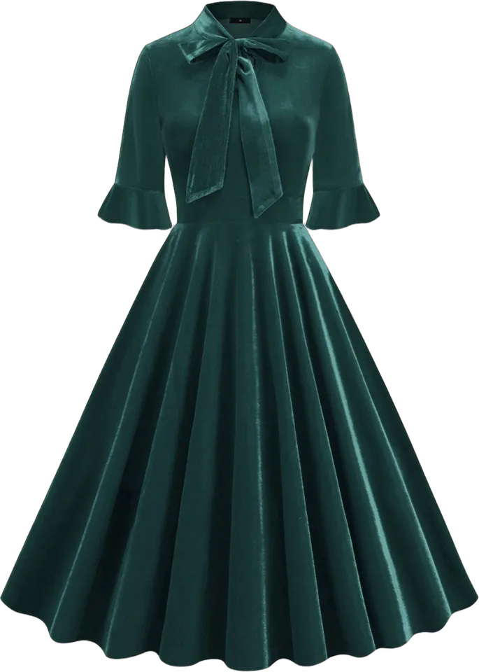 Velvet bow tie neck flounce sleeve swing dress