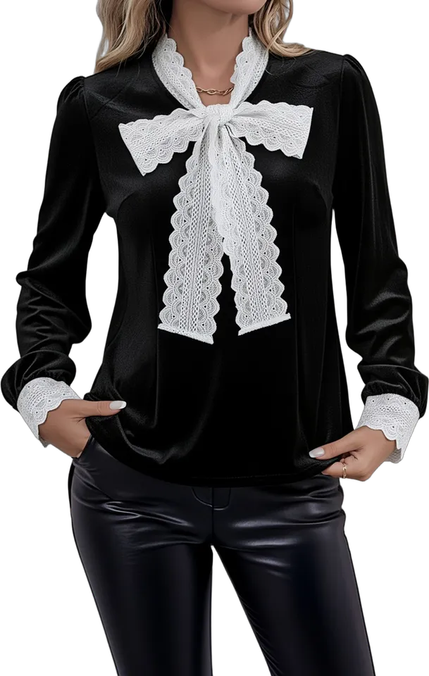 Velvet lace bow blouse