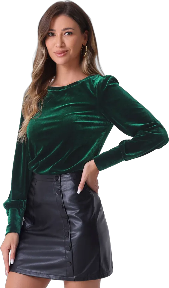 Velvet puff sleeve crew neck top