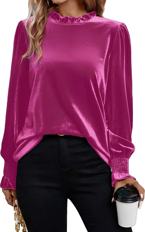 Velvet ruffle neck smocked cuff blouse