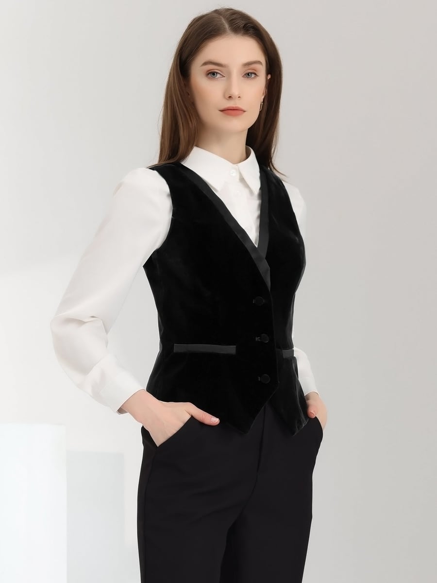 Front view in black over a white shirt
