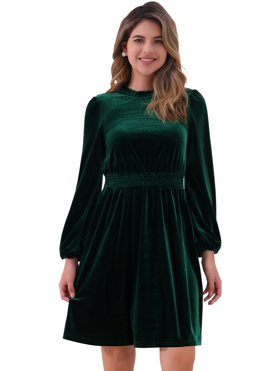 Front view, green velvet dress