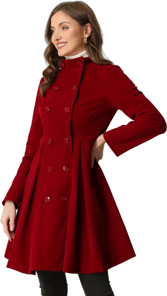 Velvet stand collar double-breasted A-line coat