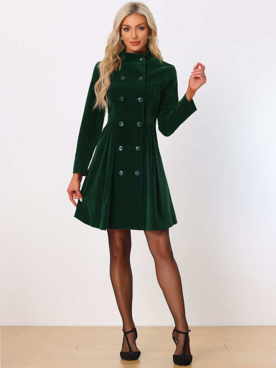 Full-length view in dark green