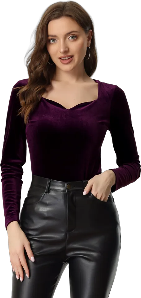 Velvet sweetheart neck long sleeve top