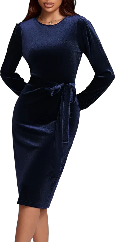 Tie waist velvet long sleeve midi dress