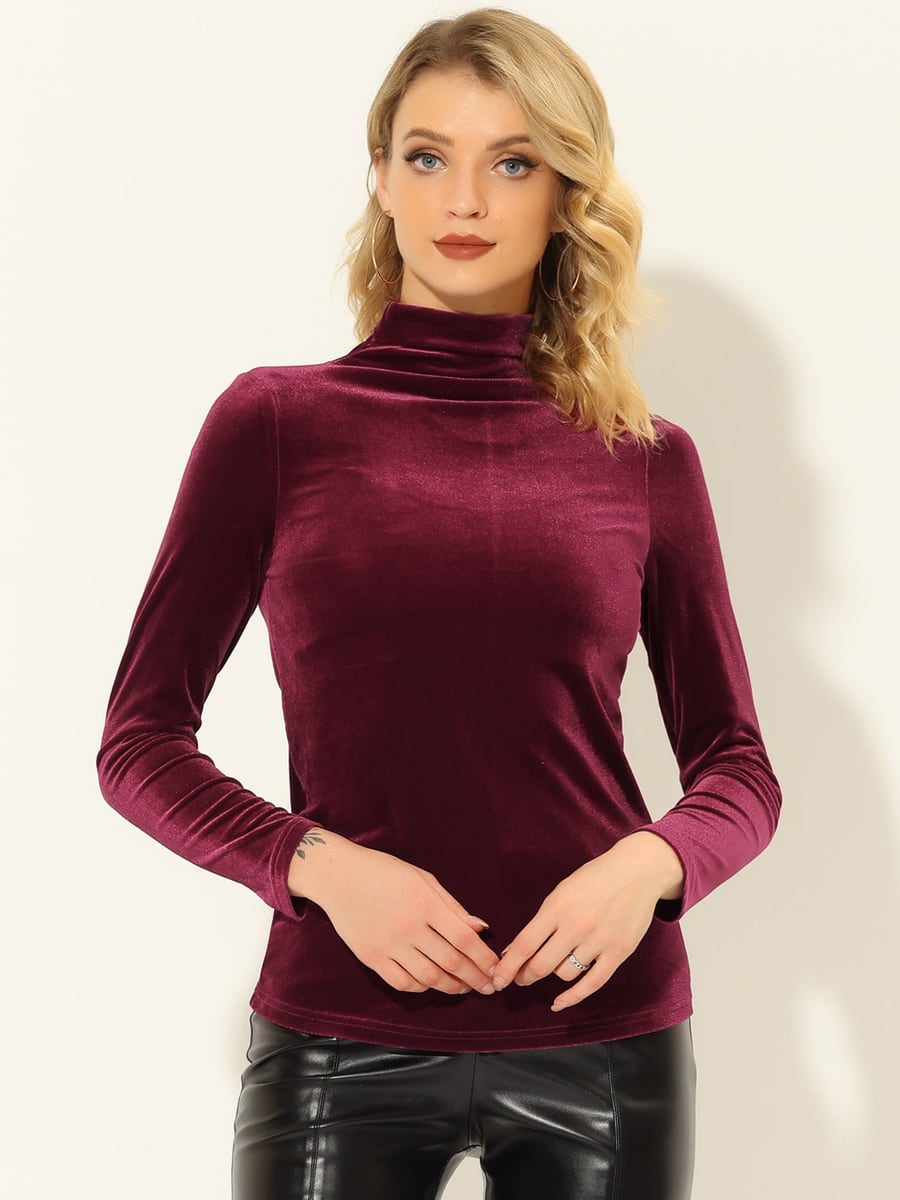 Front view, burgundy velvet top with leather trousers