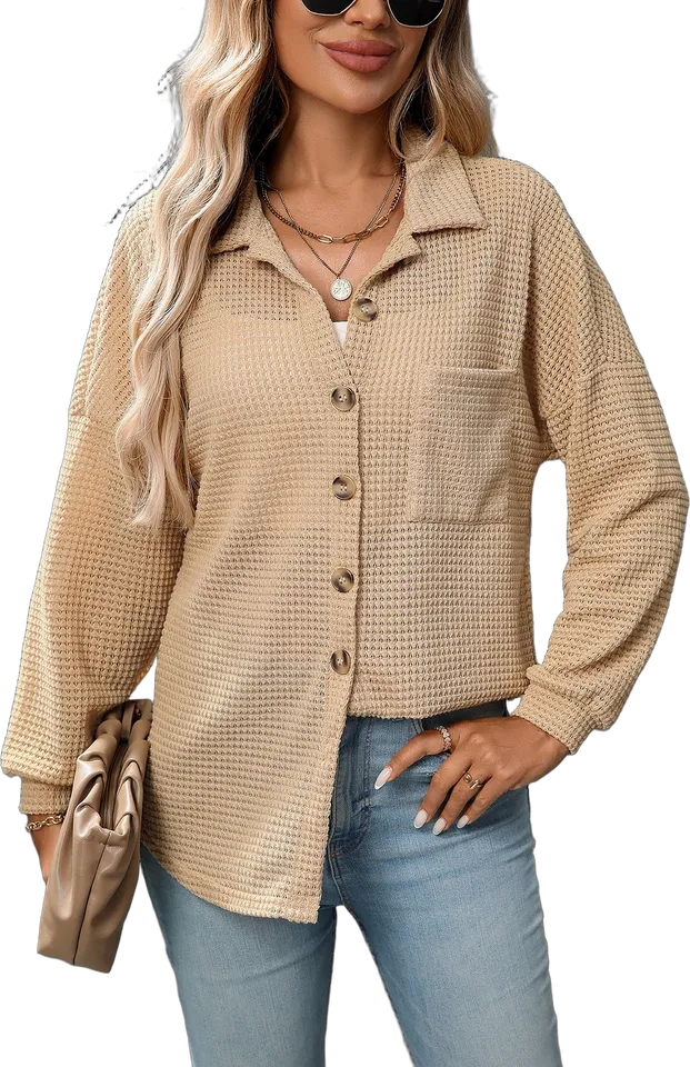 Waffle knit pocket button shirt