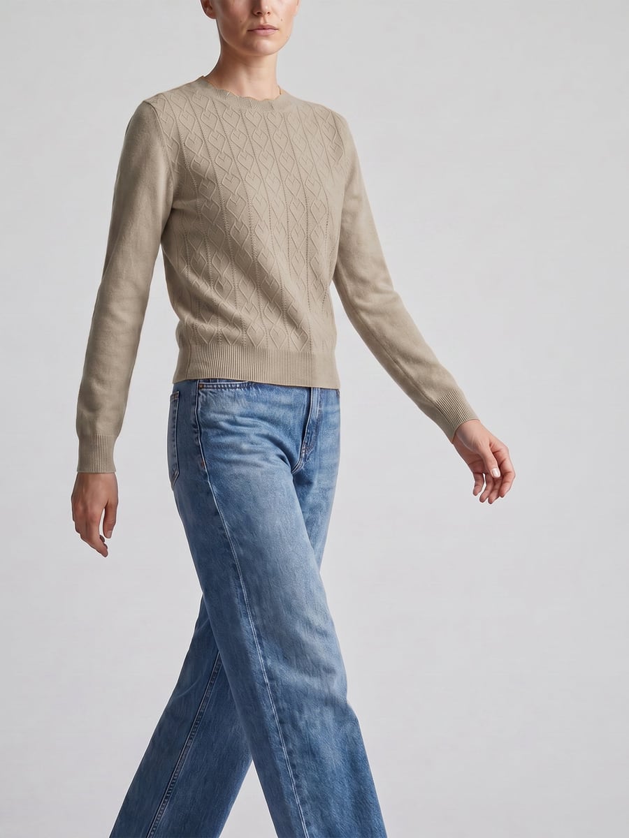 Walking in the camel sweater and jeans