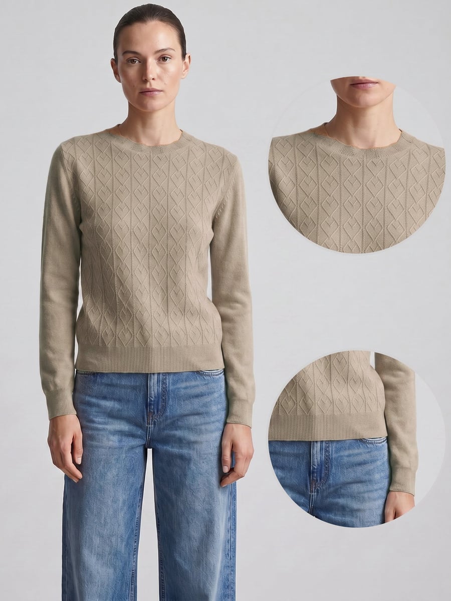 Front view with close-ups of the neckline and hem