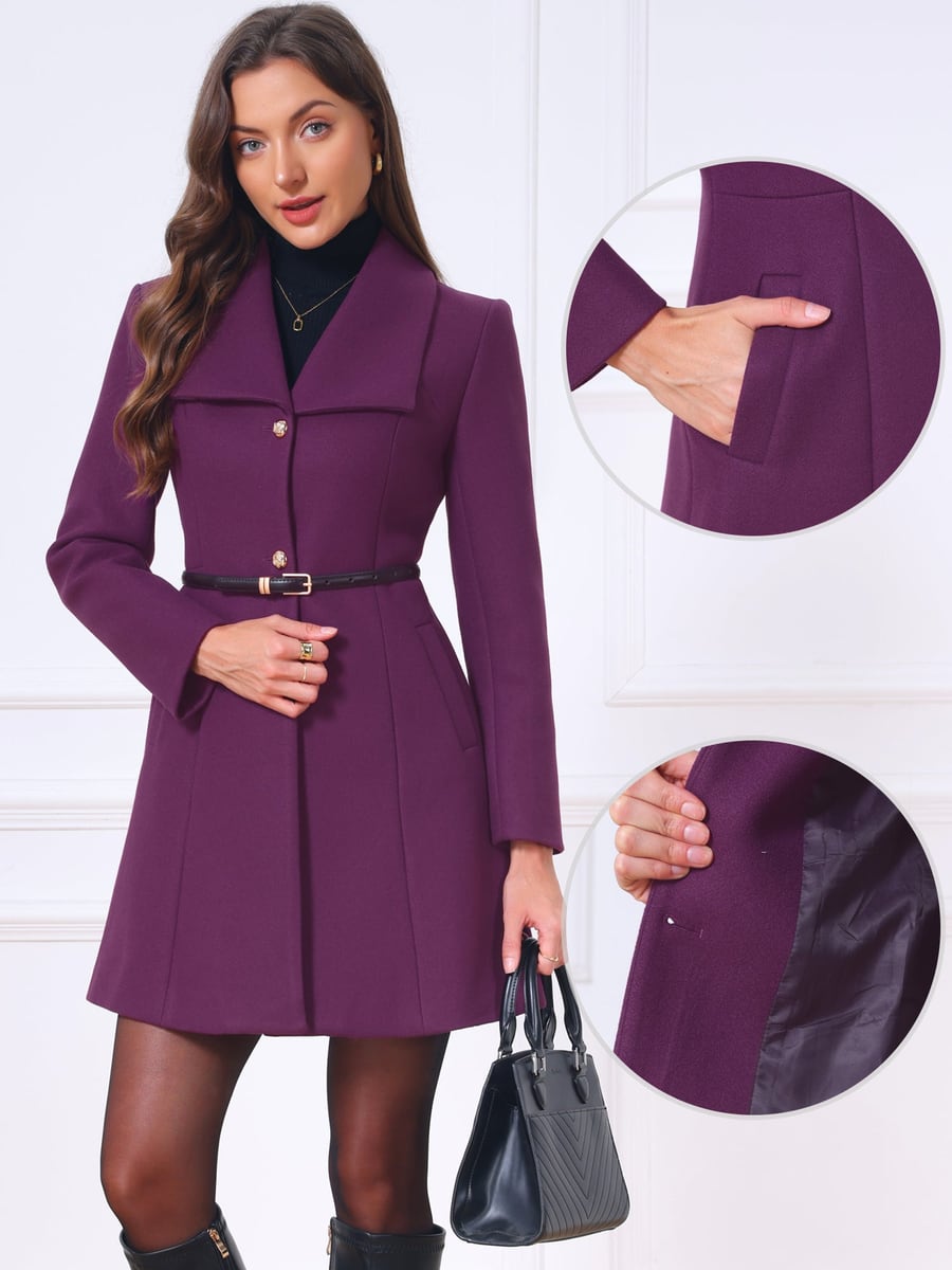 Styled with a thin belt, with close-ups of the pocket and lining