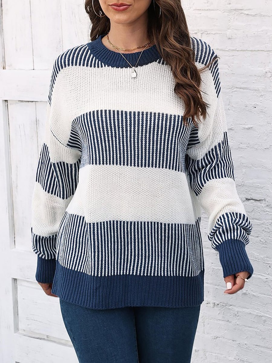Front view, blue stripe sweater