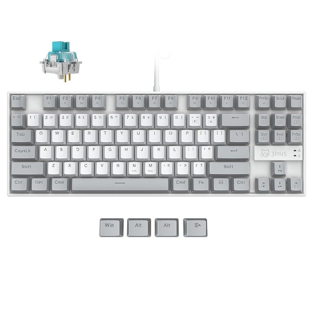 The 87-key layout with grey and white caps