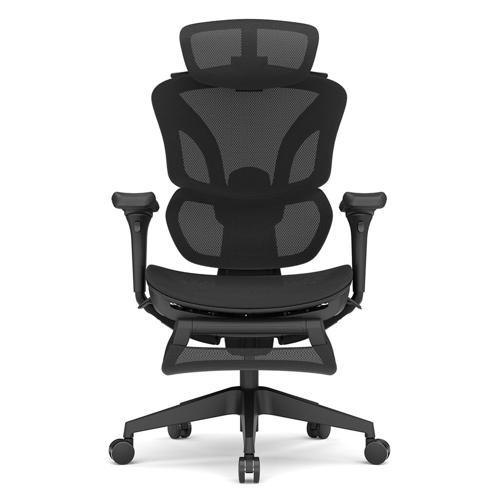 The black mesh chair from the front
